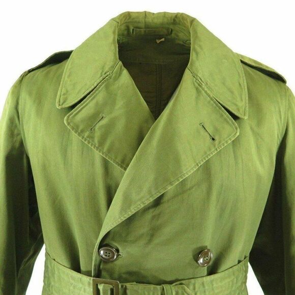 Vintage 50s US Army Overcoat M Short Green Military OG107 Wool Liner Belt Pocket - Picture 2 of 11